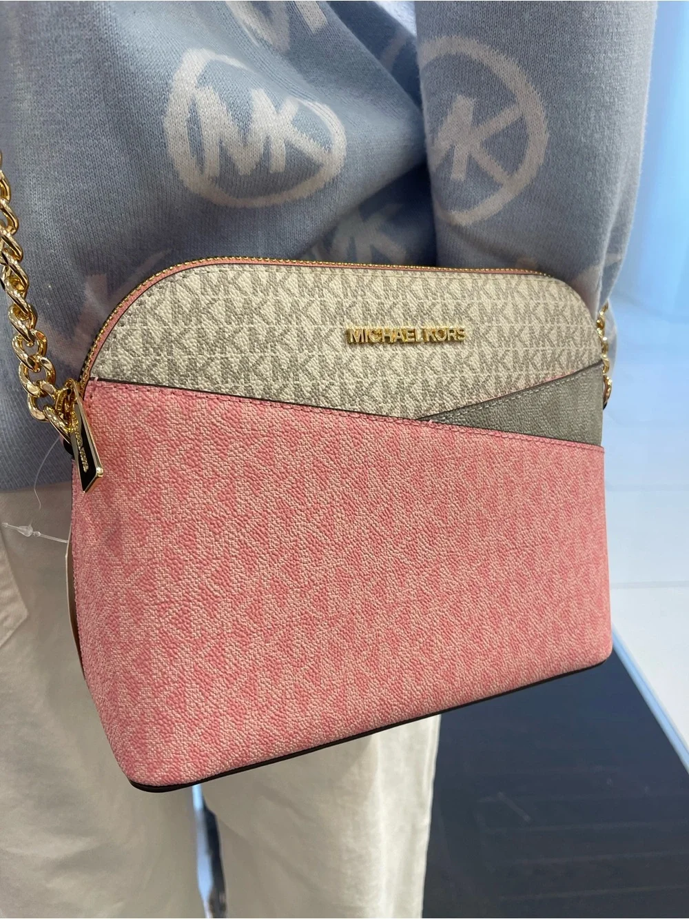 MICHAEL KORS JST Md Dome Color-Block Signature Logo Crossbody Bag Carnation NWT